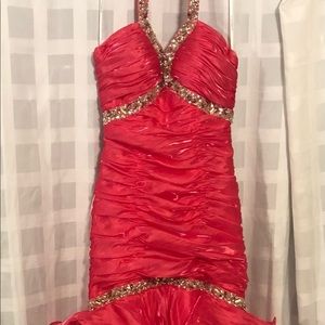 Coral Pink Ruched Halter Prom Dress with Rhinestone & Sequin Embellishments